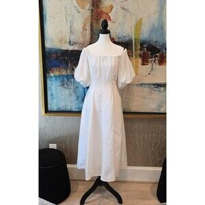 Off Shoulder Puff Sleeve Midi Linen Blend Cottagecore Prairie COS Dress Womens 8
